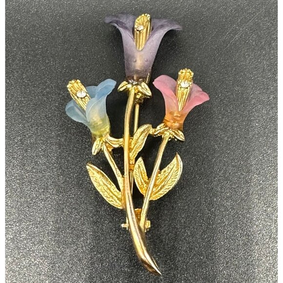 Vintage Floral Brooch Pin Lianna LIA Gold Toned Calla Lily Flower Pink Blue - Picture 2 of 9